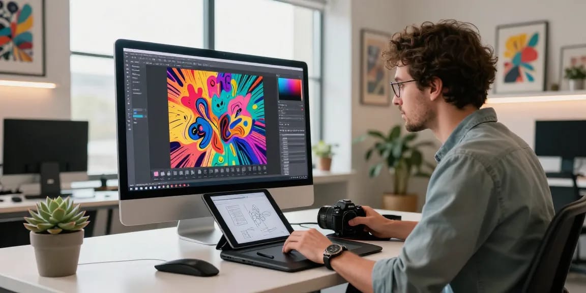 Creative studio scene featuring designer generating ai slut imagery on computer.