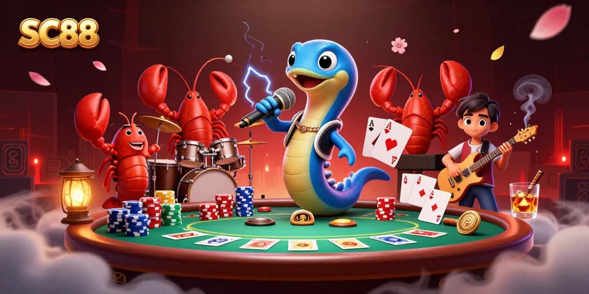 Experience the thrill of gaming at SC88 with a lively underwater casino scene featuring a DJ eel.