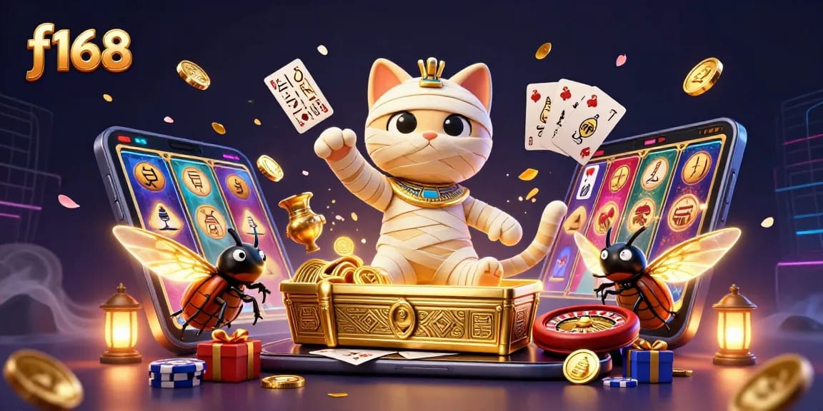 Experience the thrill of f168 with a mummy cat in a vibrant casino scene filled with games and excitement.