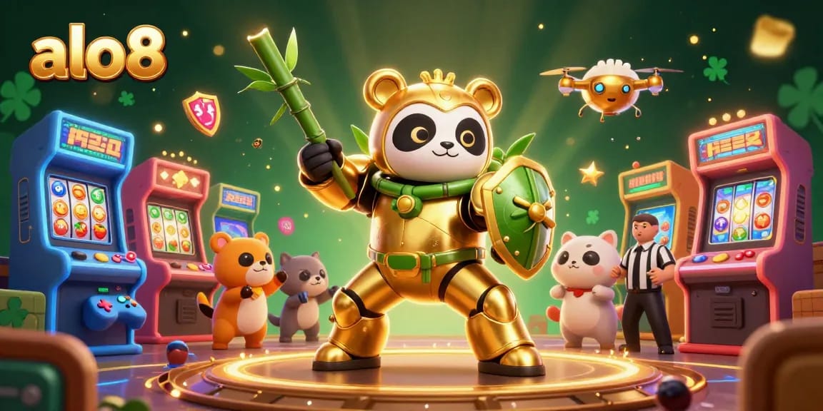 Experience thrilling gameplay at alo8 with a vibrant arena featuring a golden panda and dynamic casino elements.