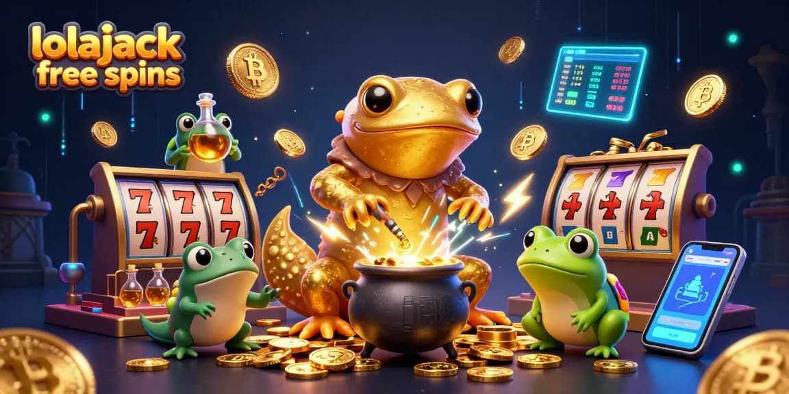 Lolajack casino free spins: a vibrant 3D scene with an alchemist, frog and newts amidst casino elements.