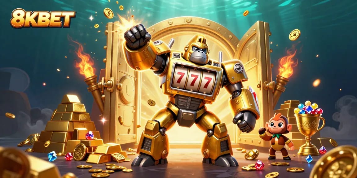 Experience thrilling wins with 8KBET's immersive golden gorilla mech jackpot scene
