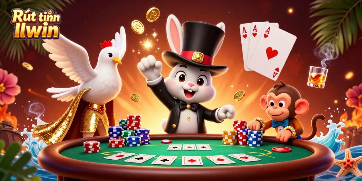 Experience Rút tiền llwin with a fantastical illustration of a magician rabbit, playful monkey, and a dazzling dove amidst vibrant casino elements.