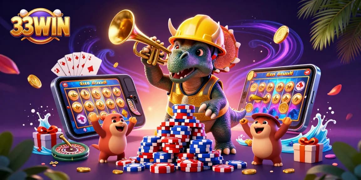 33WIN tournaments showcase excitement with triceratops building poker chip pyramids in a dynamic casino scene.