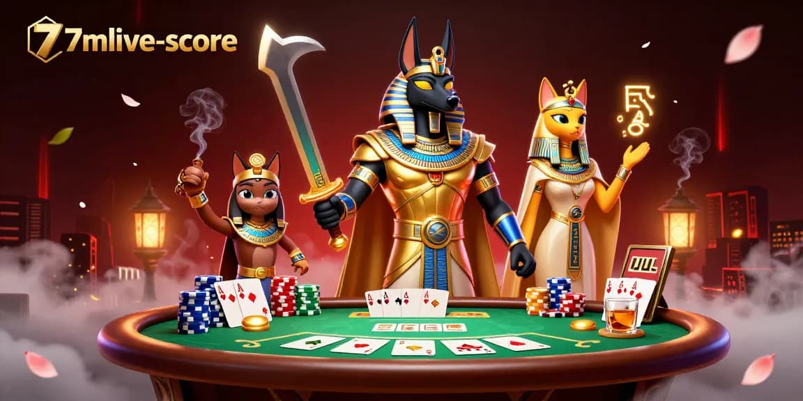 Experience thrilling gameplay with 7mlive-score featuring Anubis and Bastet in a vibrant casino scene.