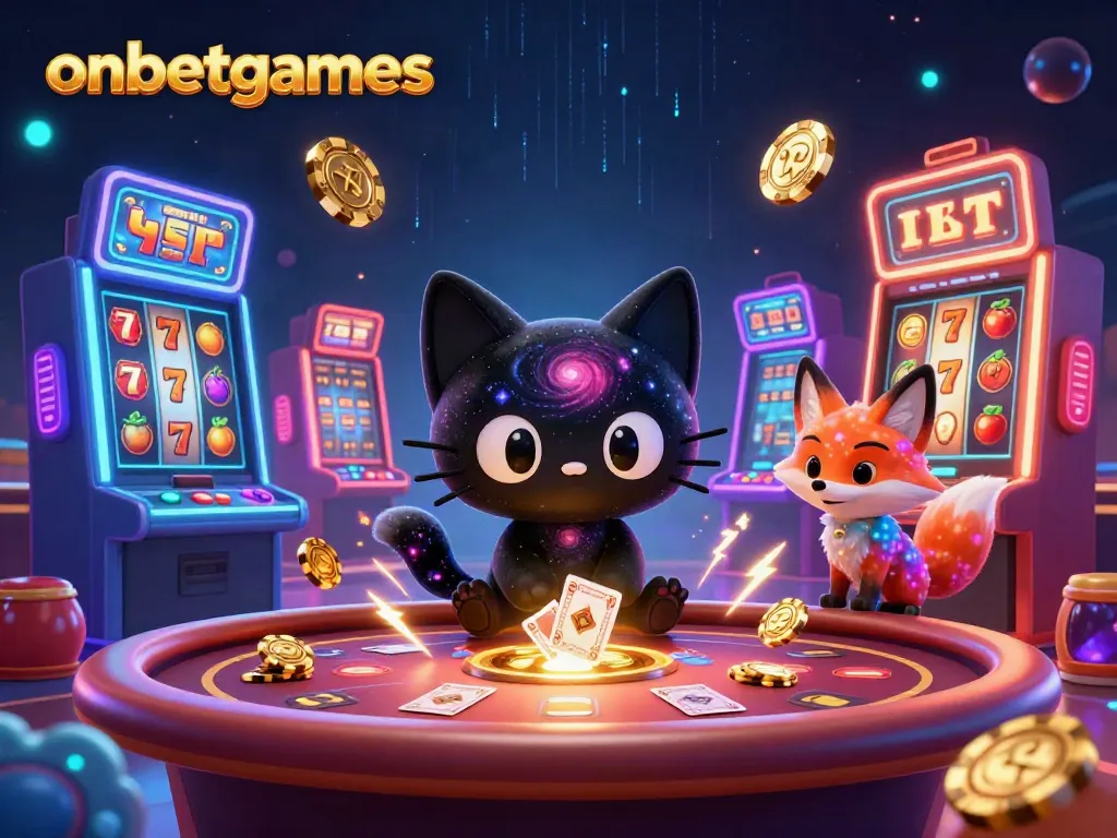 Engage with onbetgames at a cosmic casino featuring vibrant characters and colorful slot machines.