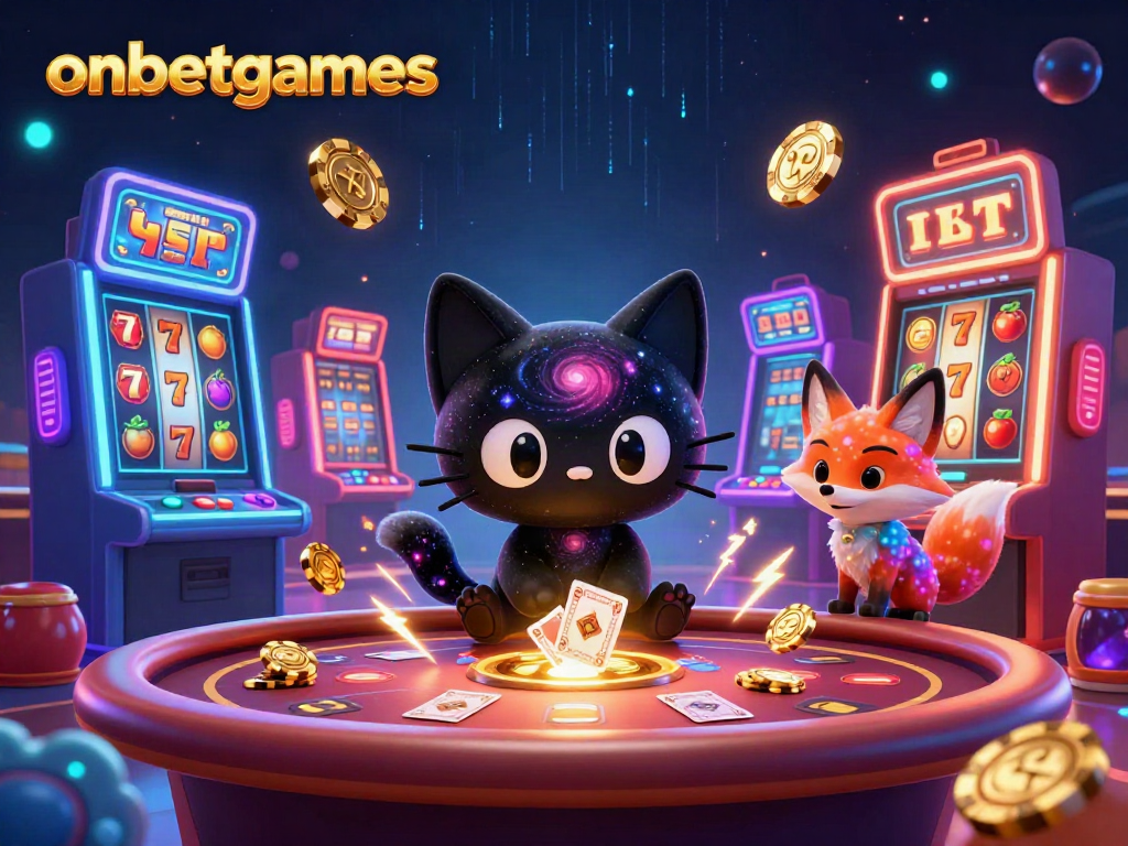Engage with onbetgames at a cosmic casino featuring vibrant characters and colorful slot machines.