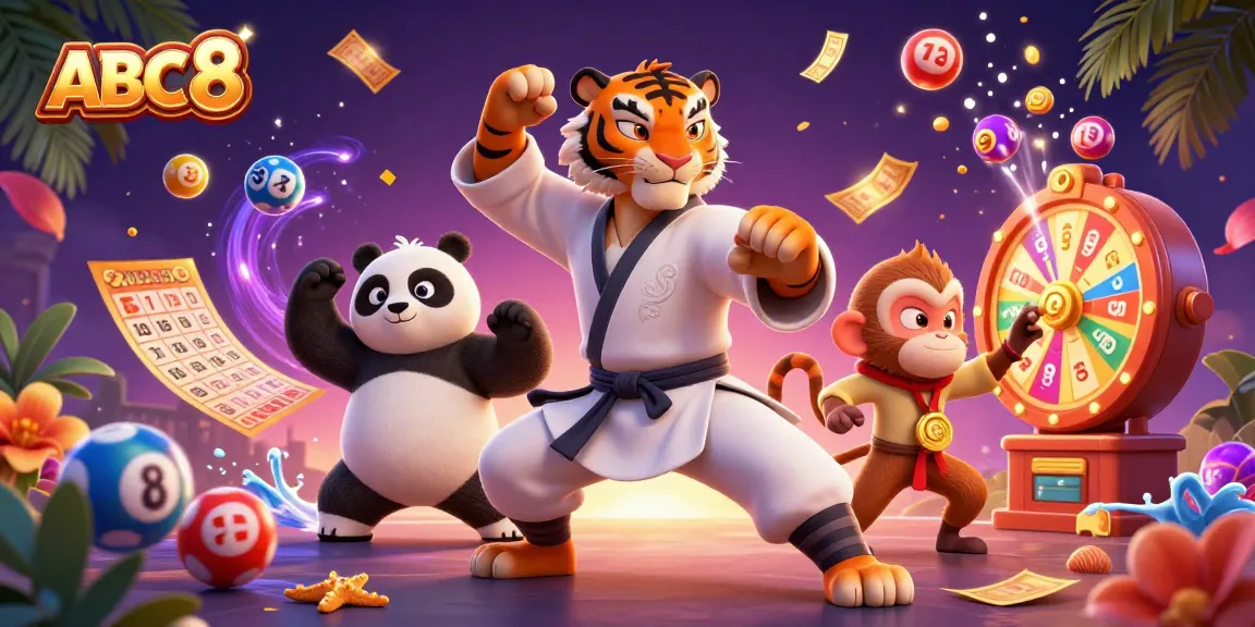 Experience the excitement of ABC8's gambling fun with a vibrant illustration of a kung fu tiger, panda, and monkey amidst lottery elements.