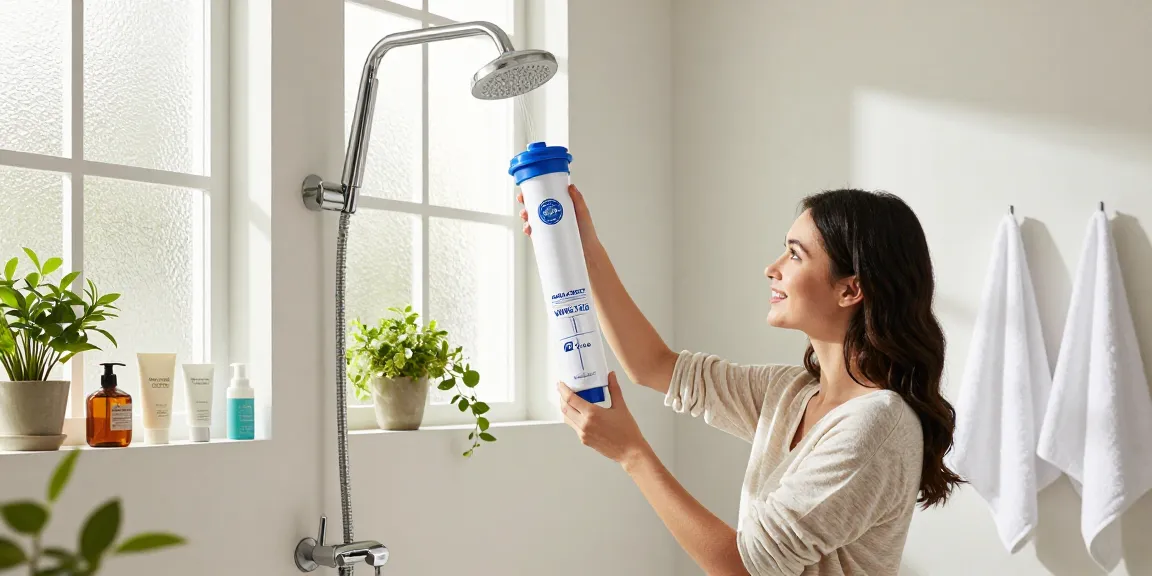 Replacing AQUA CREST WHR-140 Shower Filter Replacement Cartridge for Culligan® WHR-140 in a stylish bathroom for cleaner water.