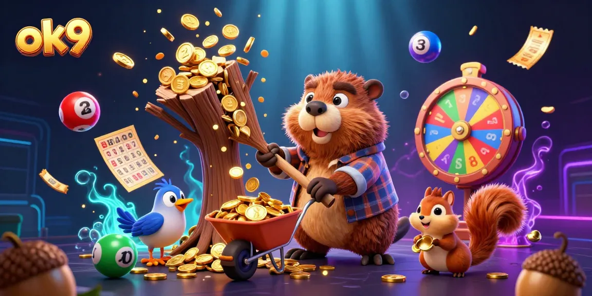 Spin the reels with ok9 where a beaver celebrates as golden coins rain down during thrilling gaming.