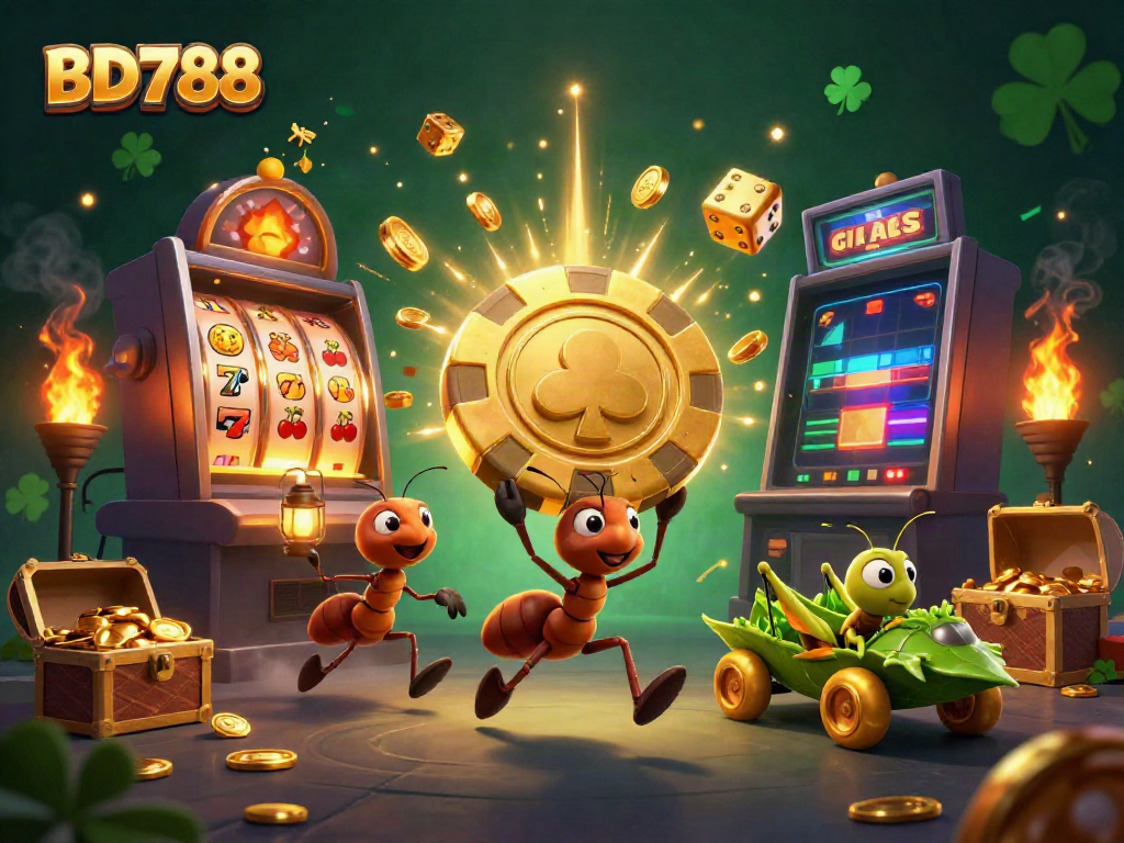 Experience the thrilling heist at BD788 with giant poker chips, dynamic slot machines, and vibrant gaming energy.