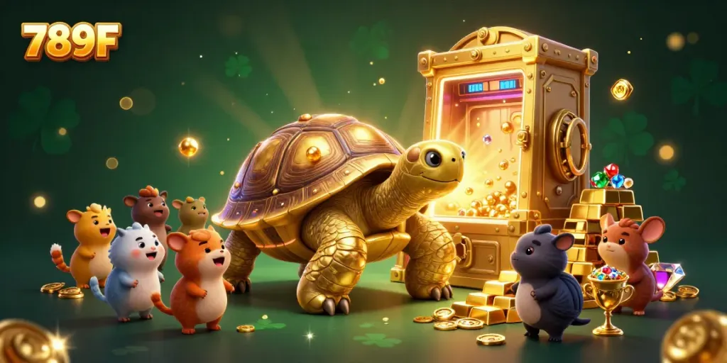 Explore thrilling gaming at 789F, featuring a vibrant casino scene with lively characters and dazzling treasures.