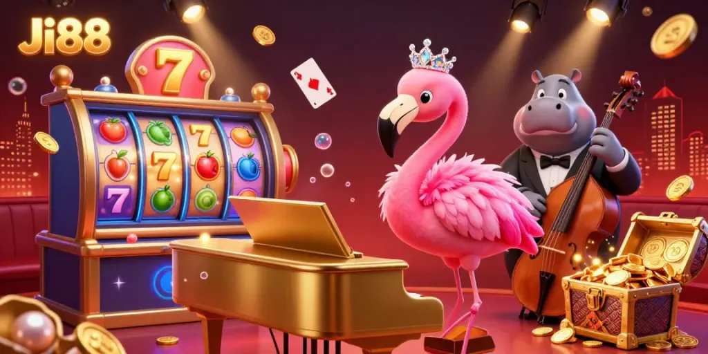 Join the vibrant Ji88 casino scene featuring a singing flamingo and a hippo bassist, surrounded by dynamic gaming elements.