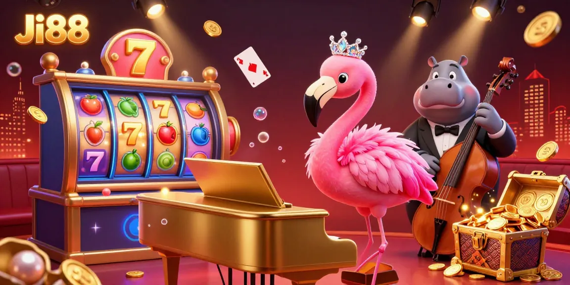 Join the vibrant Ji88 casino scene featuring a singing flamingo and a hippo bassist, surrounded by dynamic gaming elements.