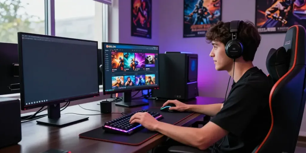 Exciting gaming scene showcasing a player engaged with the 9bet.com platform, vibrant atmosphere and modern gaming setup.