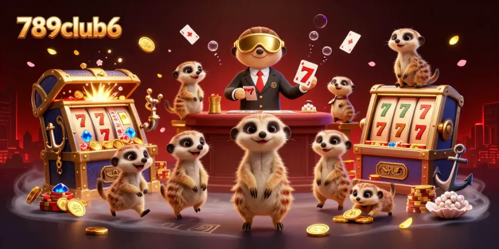 Experience thrilling gaming action with 789club6 as meerkats run an animated casino filled with slots and treasures.