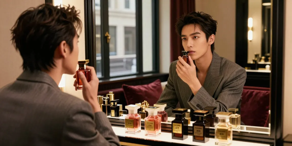 Applying Tom Ford Fragrances in a stylish urban setting, showcasing luxury and elegance.