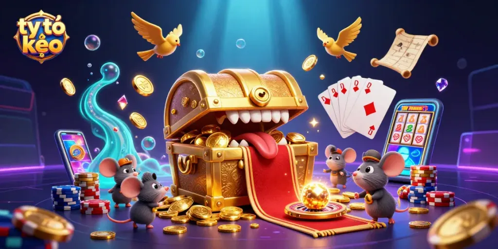 Bet on tỷ lệ kèo with golden treasure chest characters and dynamic casino elements.