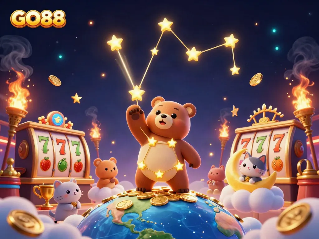 Experience GO88's thrilling slot gameplay with vibrant characters and golden elements in a dynamic casino scene.