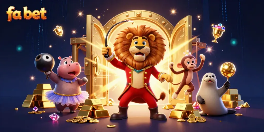 Join the excitement at fa bet with a vibrant casino scene featuring playful animals and treasure galore.