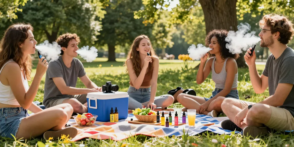 Friends enjoying a vaping session in the park with thc vape uk devices, surrounded by nature and wellness products.