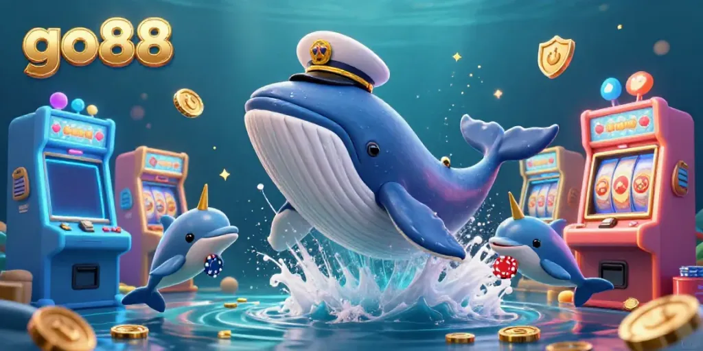 Experience thrilling gameplay with the go88 whale captain breaching through coins alongside a golden narwhal and dolphins.
