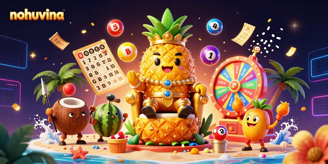 Nohuvina showcases a colorful casino scene with a golden pineapple king, coconut bodyguards, and dynamic lottery elements.