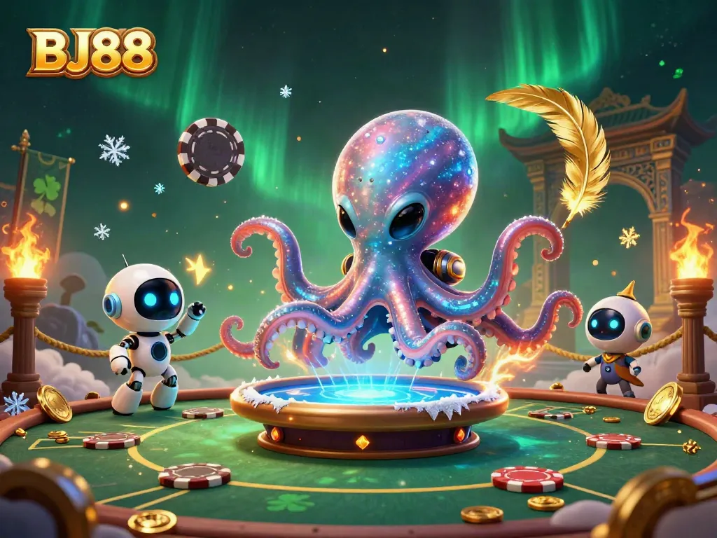 Play with BJ88’s exciting poker scene featuring a vibrant alien octopus and holographic table.