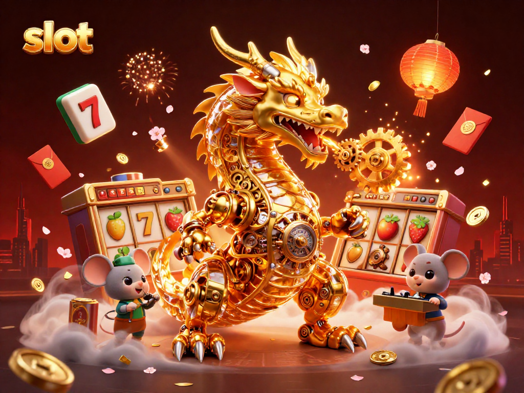 Spin the slot reels with a vibrant dragon in a rich casino scene featuring golden elements.