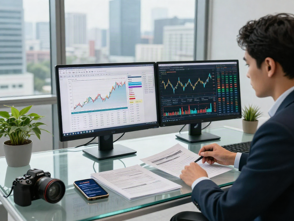 Financial analyst strategizing depo 10k investment in a modern office with market data.