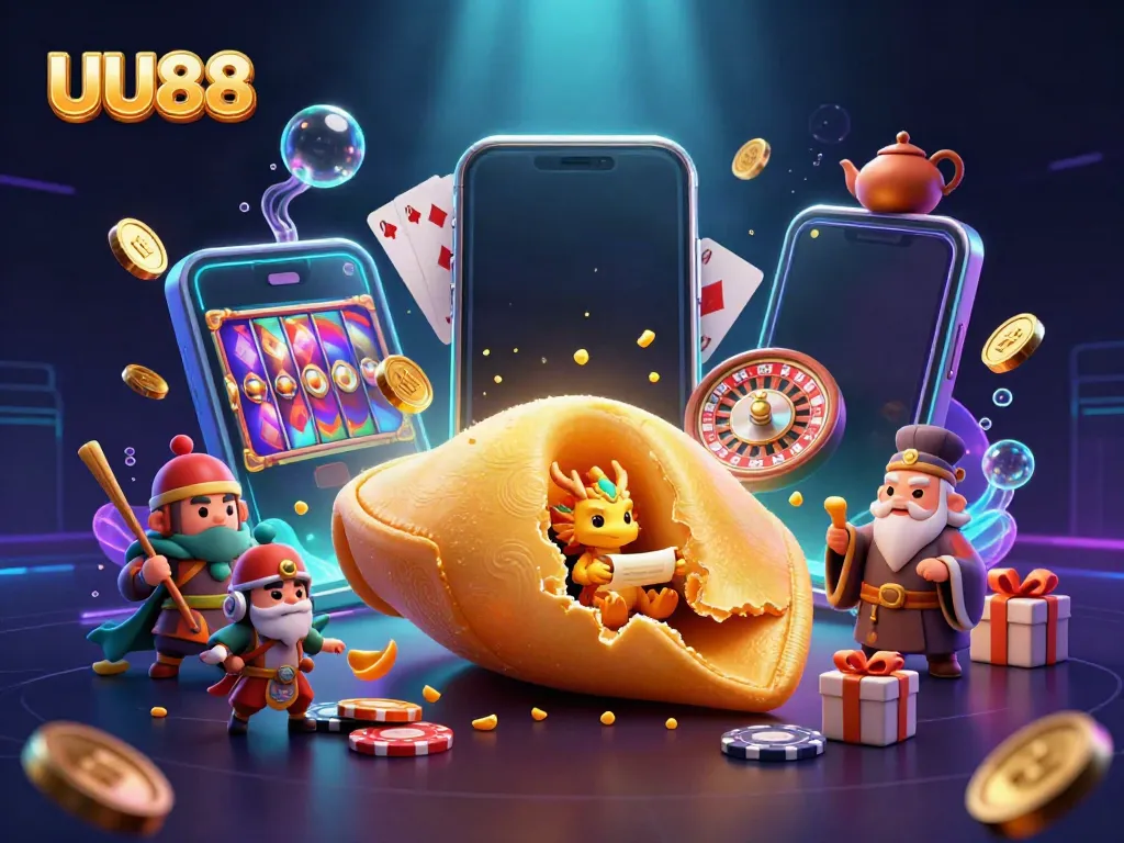UU88 leads gamblers into thrilling fortune with golden coins and vibrant slot games in a magical scene.