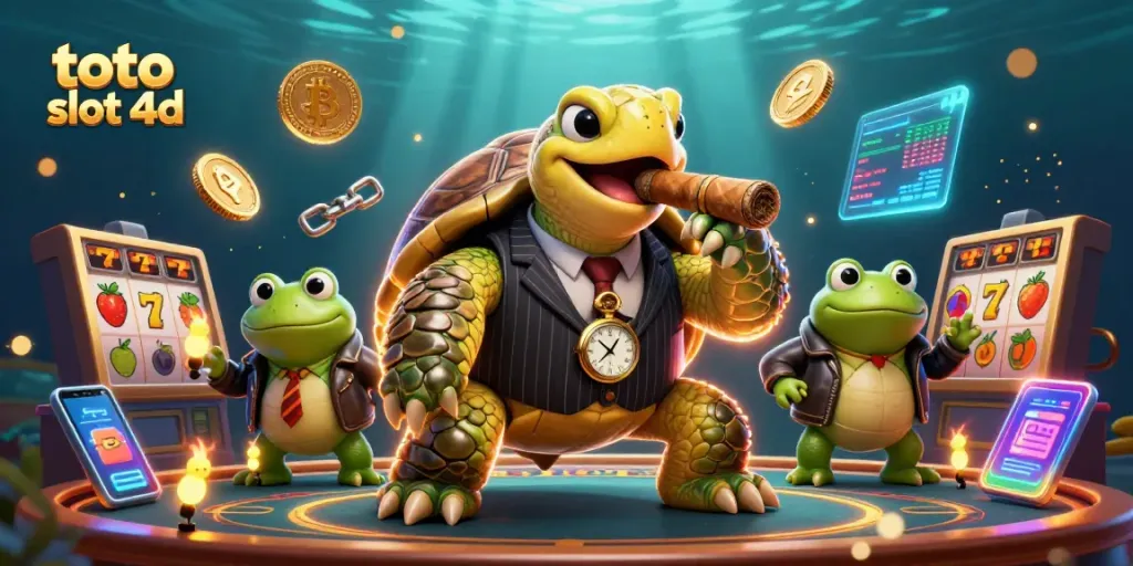 Engage with the exciting toto slot 4d scene showcasing a cartoon turtle mobster and casino elements.