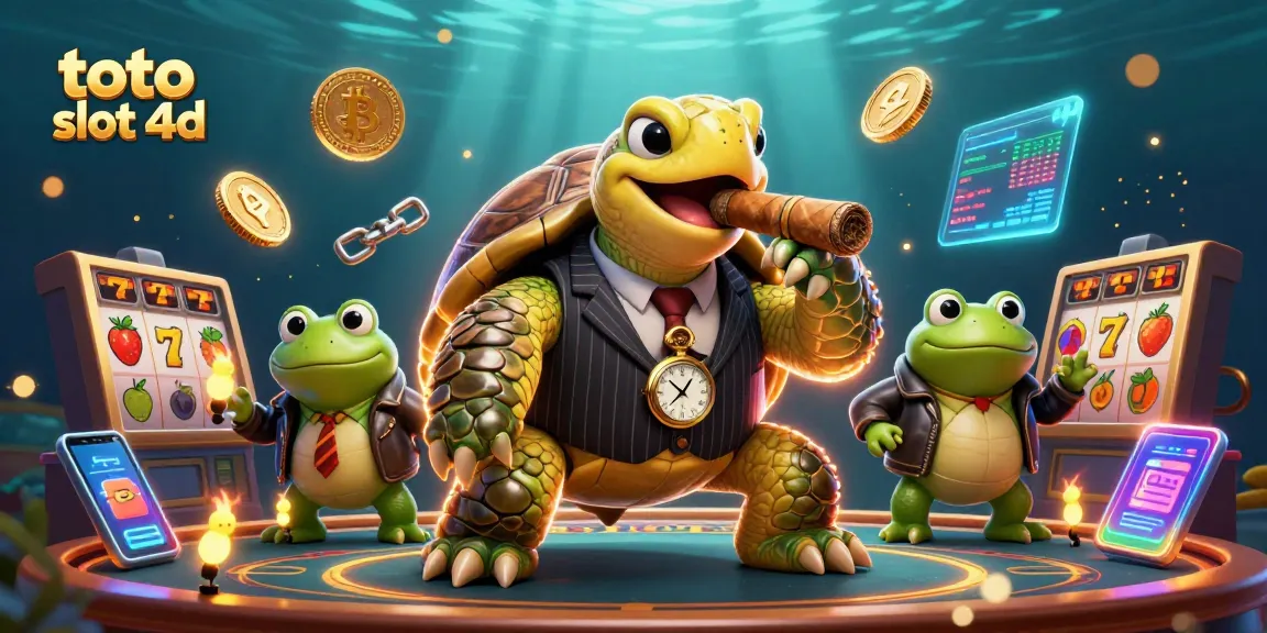 Engage with the exciting toto slot 4d scene showcasing a cartoon turtle mobster and casino elements.