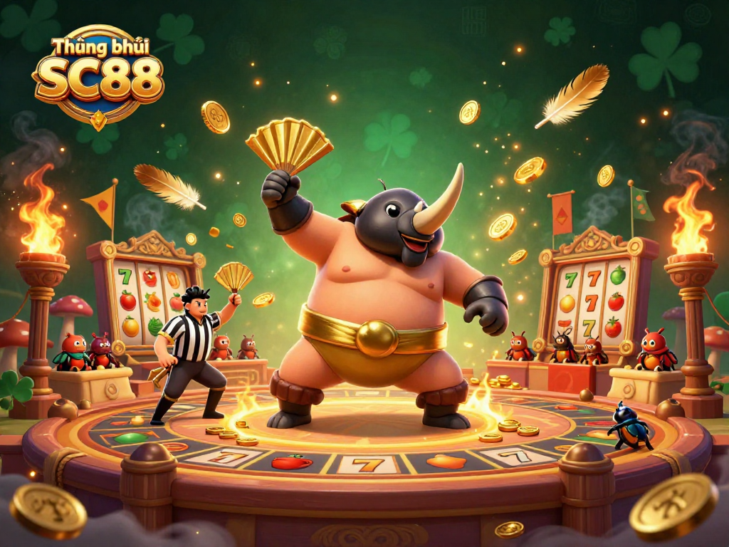 Thương hiệu SC88 shines in a lively 3D casino scene featuring dynamic characters and engaging elements.