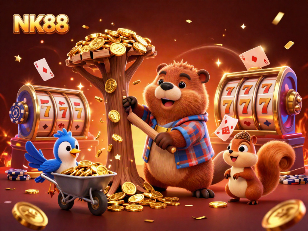 Experience the vibrant energy of NK88 with a playful beaver and friends in a casino-themed scene.