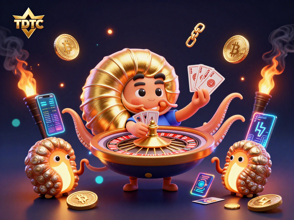 Engage with TDTC's dynamic crypto casino scene showcasing a giant nautilus and glowing coins.