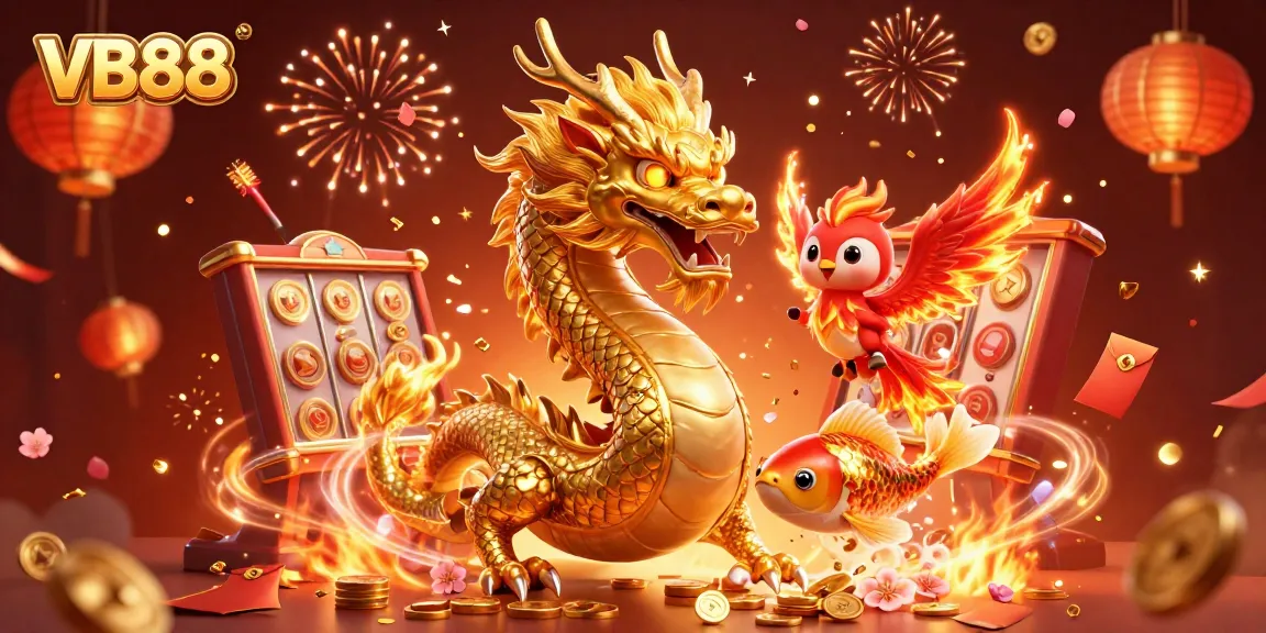 Experience the thrill of VB88 with vibrant casino elements featuring a dragon and phoenix.