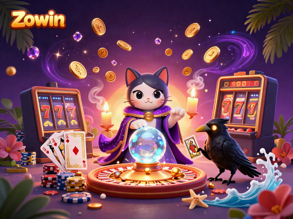 Engage with Zowin's vibrant casino magic featuring a fortune teller cat and glowing raven.
