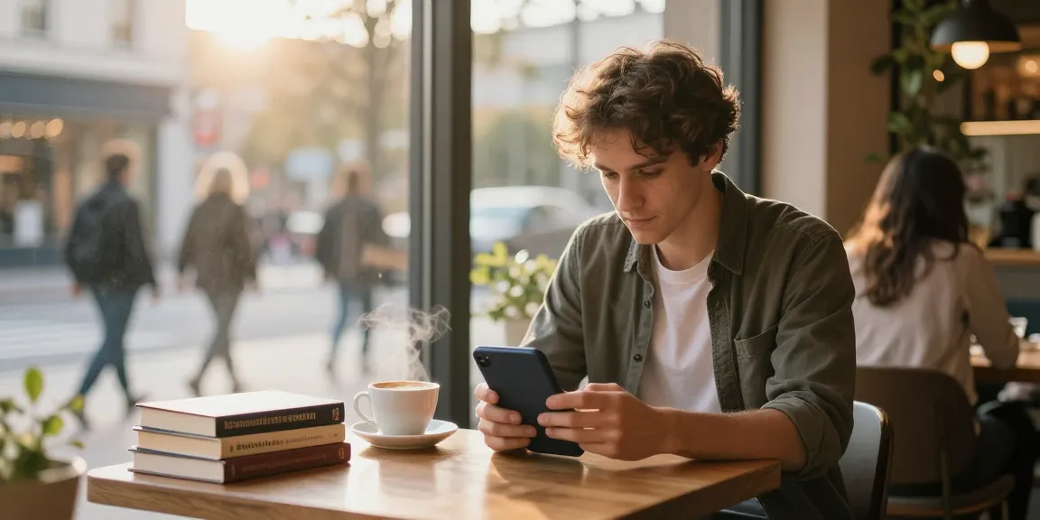 Young man learning how to text girls in an urban café, focused on his smartphone.