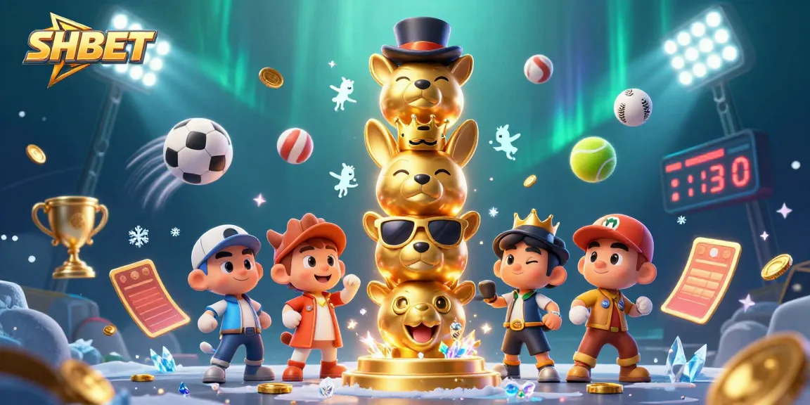 Join the thrill of SHBET gaming with dynamic sports elements and a vibrant totem pole illustration.