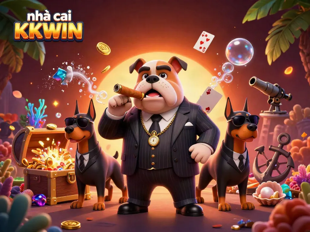 Engaging scene showcasing nhà cái KKWIN with charming 3D cartoon mafia characters amid vibrant underwater treasures.