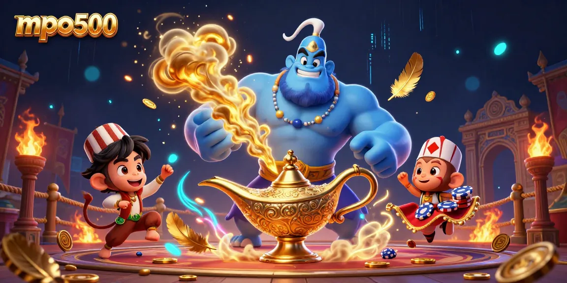 Experience mpo500's thrilling jackpot action with a blue genie, monkey, and poker chips amidst golden magic.