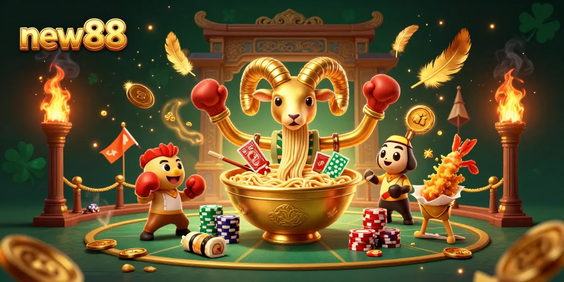 Engage with new88’s vibrant casino scene featuring a golden ramen bowl dealing cards.