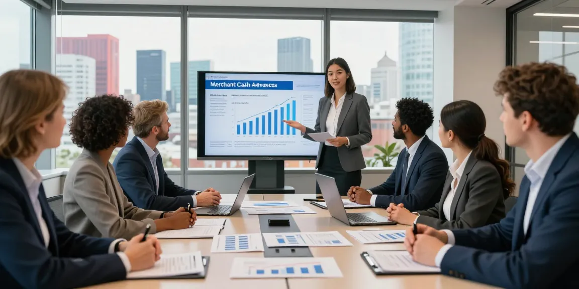 Business professionals discussing merchant cash advance London solutions with financial data in a modern office