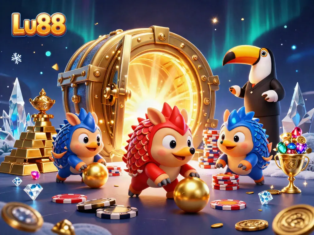 Experience the excitement of Lu88 with a dynamic scene featuring rival pangolins in a casino environment.