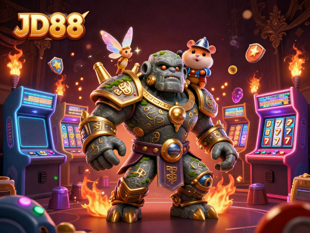Engage with JD88's vibrant gaming universe featuring a stone golem and magical fairy amidst colorful casino elements.