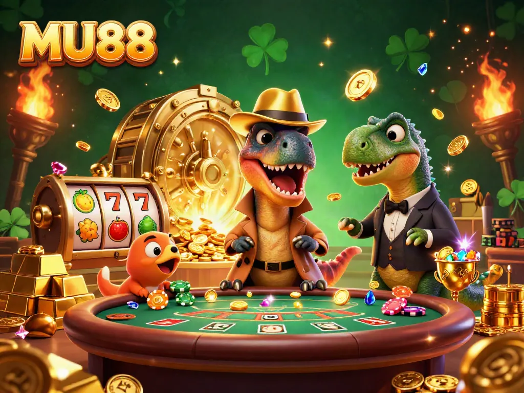 Experience winning strategies at MU88 with vibrant illustrations of dinosaur characters in a casino setting.