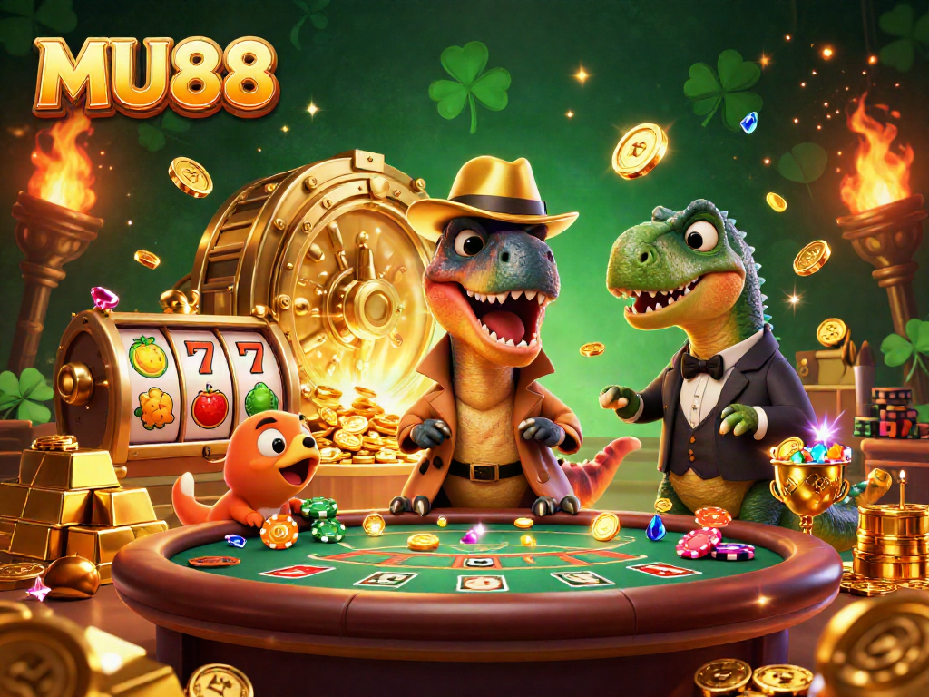 Experience winning strategies at MU88 with vibrant illustrations of dinosaur characters in a casino setting.