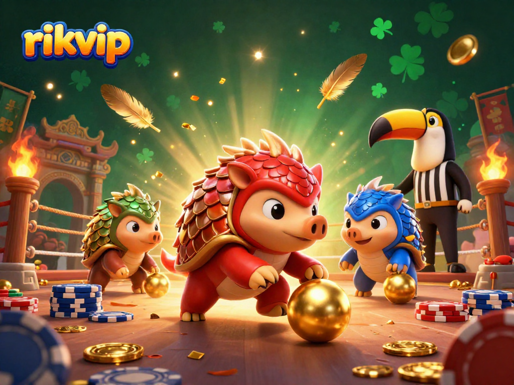 Rikvip rivals roll golden balls amidst poker chips in a vibrant 3D casino showdown.