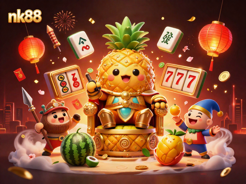 Engage with nk88's vibrant casino atmosphere featuring a dynamic golden pineapple king surrounded by lively gaming elements.